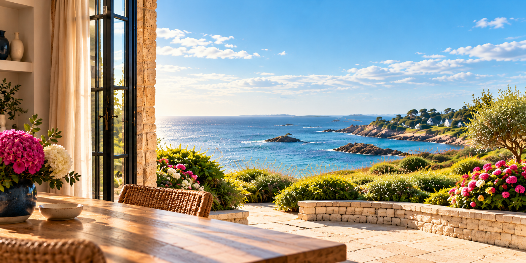 Vue d’un intérieur ouvert sur un paysage côtier breton, illustration