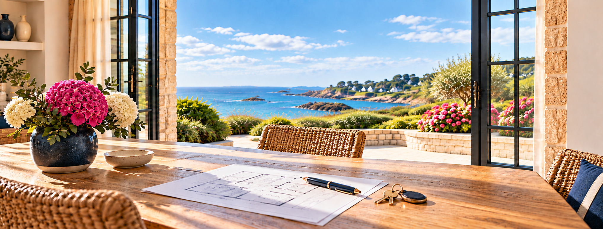 Intérieur d’une maison avec vue sur le littoral et plan immobilier