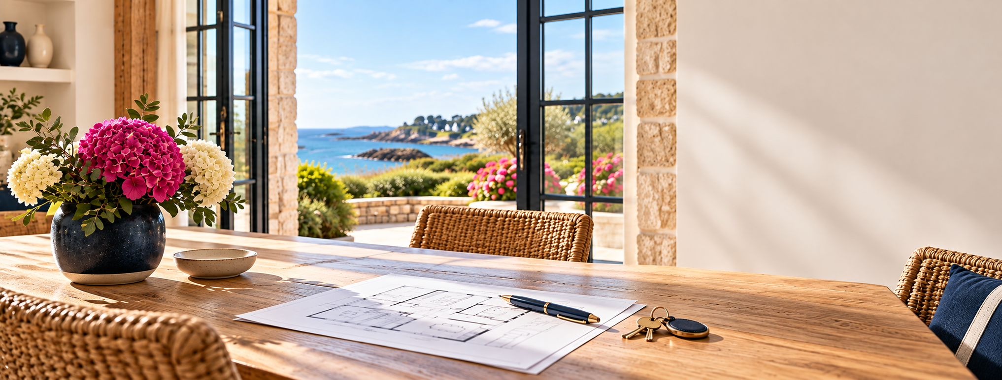 Plan d’une maison, clés et vue sur le littoral : un accompagnement immobilier de proximité